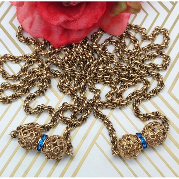 Long Gold Tone Pull Over Thick Twisted Chain Necklace Filigree Ball Blue Crystal - Picture 2 of 10